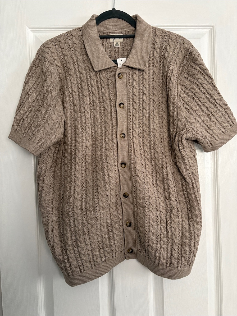 J. Crew Taupe Cable-Knit Short Sleeve Polo Cardigan